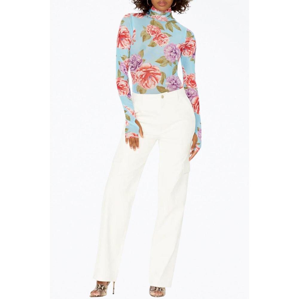 AFRM Floral Print Cowl Turtleneck Top in Light Blue, Pink & Green